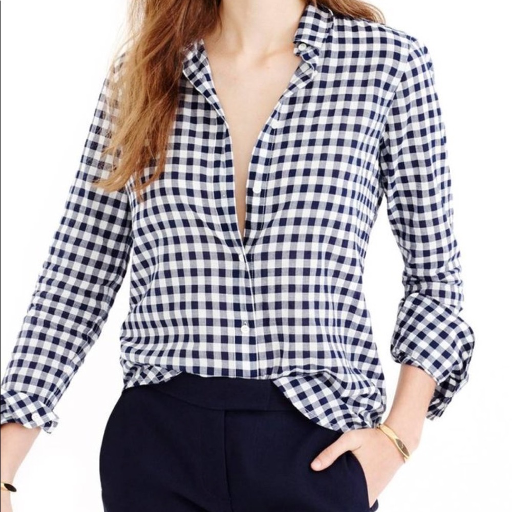JCrew Navy Gingham Button Top